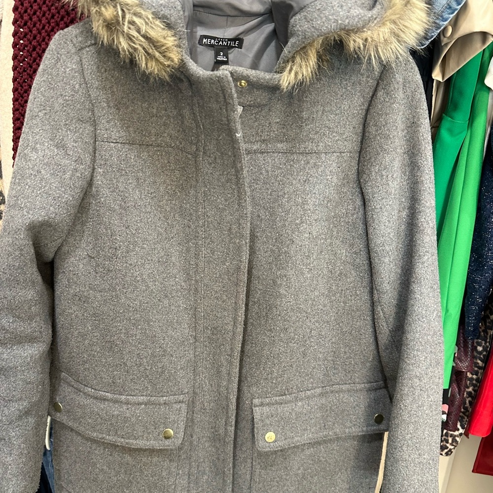 Gray Women's Coat with Faux Fur Hood